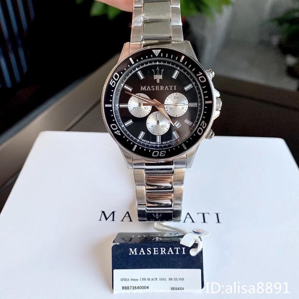 瑪莎拉蒂MASERATI手錶 三眼計時日曆防水手錶 銀色黑面鋼帶錶 商務男錶石英錶 大直徑腕錶R8873640004-細節圖6