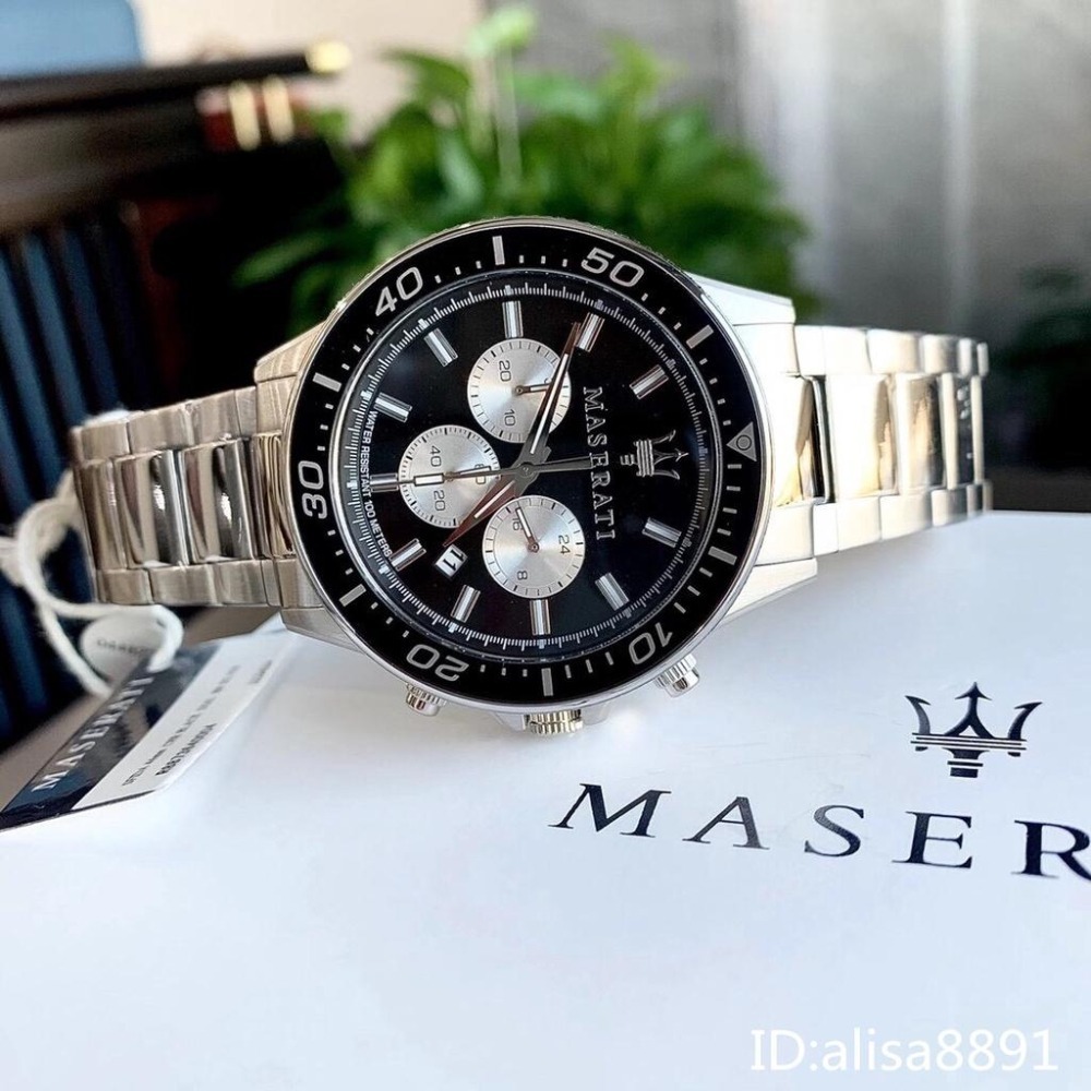 瑪莎拉蒂MASERATI手錶 三眼計時日曆防水手錶 銀色黑面鋼帶錶 商務男錶石英錶 大直徑腕錶R8873640004-細節圖7