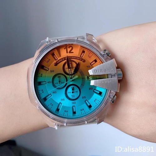 DIESEL迪賽手錶 炫彩超大直徑手錶 休閒運動男錶 三眼計時日曆防水石英手錶 透明硅膠錶帶 時尚手錶DZ4515
