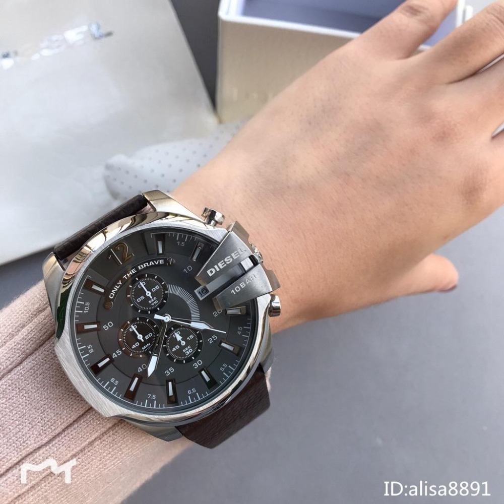 迪賽DIESEL手錶 石英錶 三眼計時灰錶面手錶 時尚休閒棕色皮帶錶 大直徑夜光防水手錶 日曆多功能男生手錶DZ4290-細節圖2