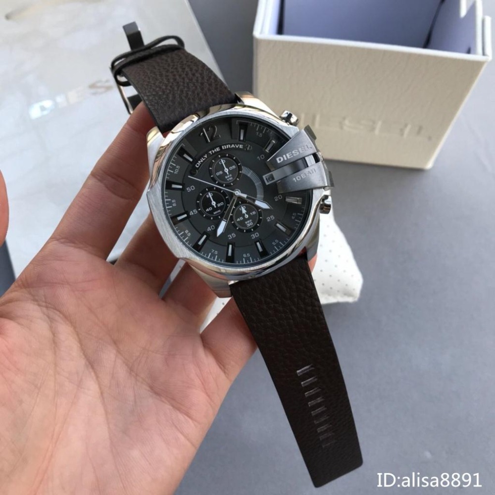 迪賽DIESEL手錶 石英錶 三眼計時灰錶面手錶 時尚休閒棕色皮帶錶 大直徑夜光防水手錶 日曆多功能男生手錶DZ4290-細節圖3