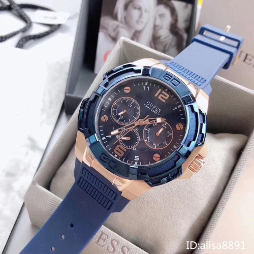 蓋爾斯GUESS手錶 美國時尚潮流男生石英錶 大直徑三眼計時手錶 多功能藍色橡膠錶帶腕錶 商務休閒運動男錶W1254G3