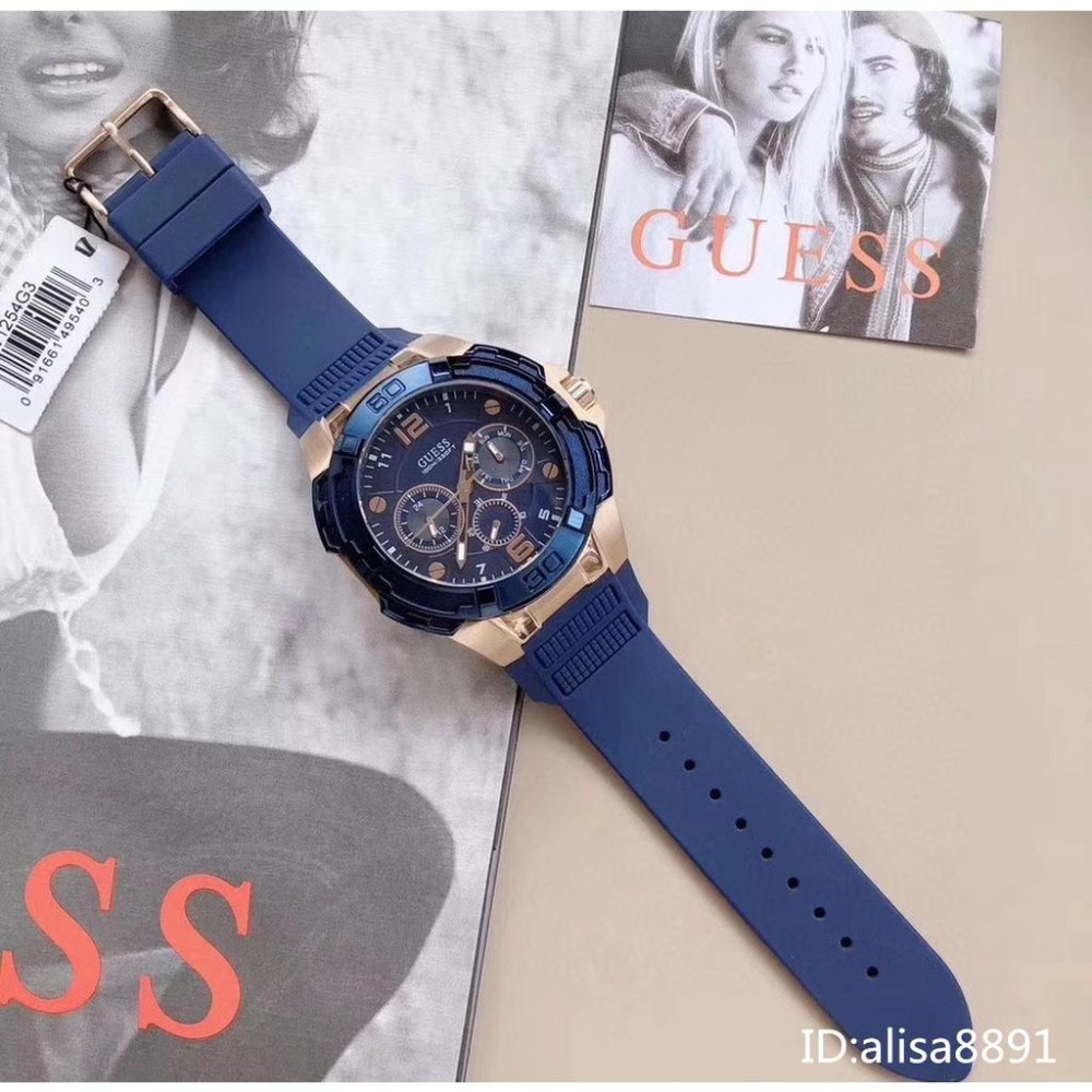 蓋爾斯GUESS手錶 美國時尚潮流男生石英錶 大直徑三眼計時手錶 多功能藍色橡膠錶帶腕錶 商務休閒運動男錶W1254G3-細節圖4