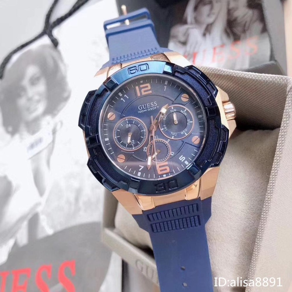 蓋爾斯GUESS手錶 美國時尚潮流男生石英錶 大直徑三眼計時手錶 多功能藍色橡膠錶帶腕錶 商務休閒運動男錶W1254G3-細節圖5