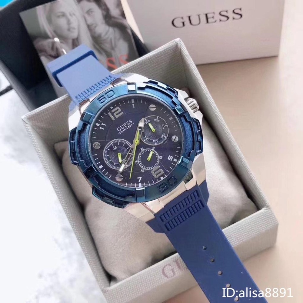 蓋爾斯GUESS手錶 美國時尚潮流男生石英錶 大直徑三眼計時手錶 多功能藍色橡膠錶帶腕錶 商務休閒運動男錶W1254G3-細節圖7
