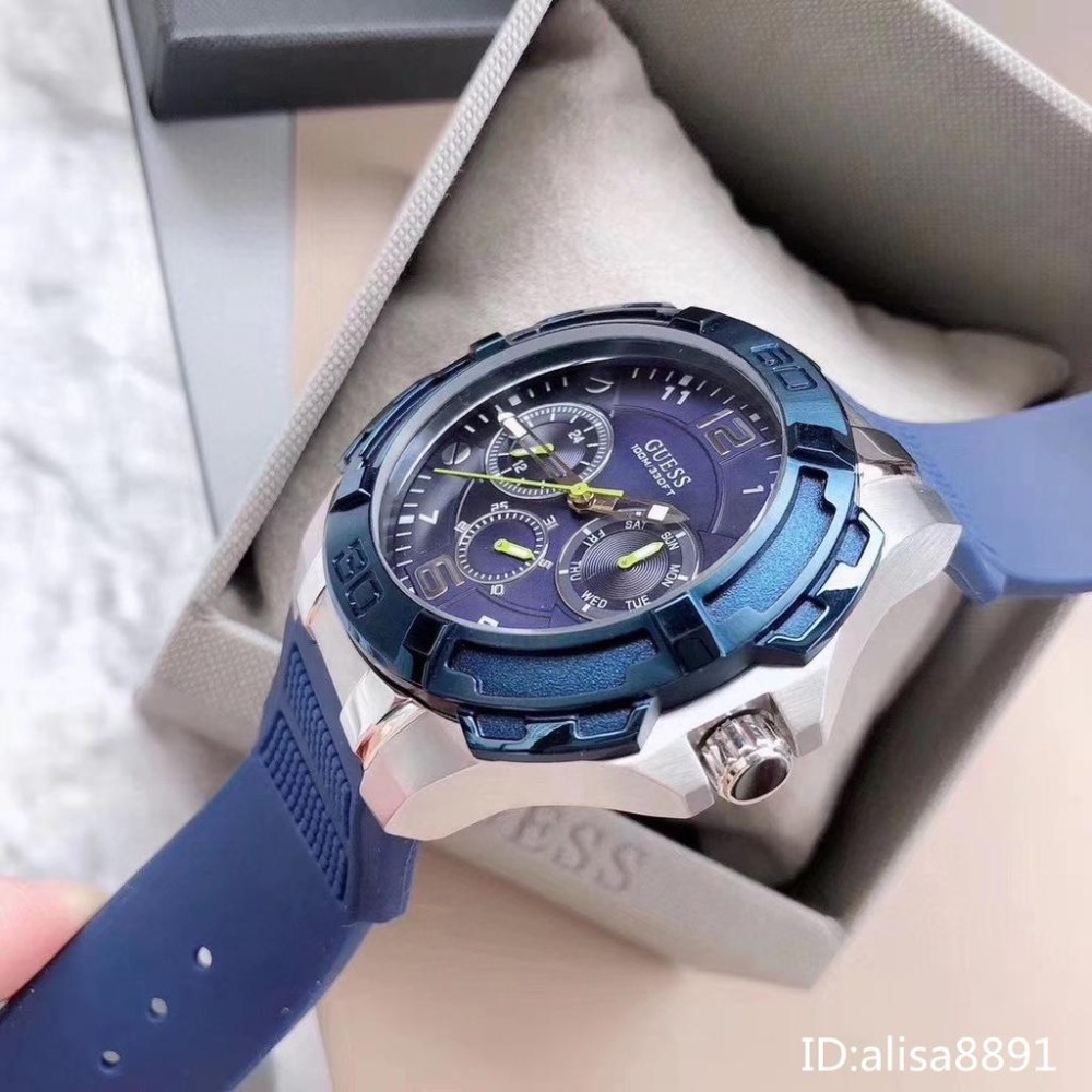 蓋爾斯GUESS手錶 美國時尚潮流男生石英錶 大直徑三眼計時手錶 多功能藍色橡膠錶帶腕錶 商務休閒運動男錶W1254G3-細節圖8