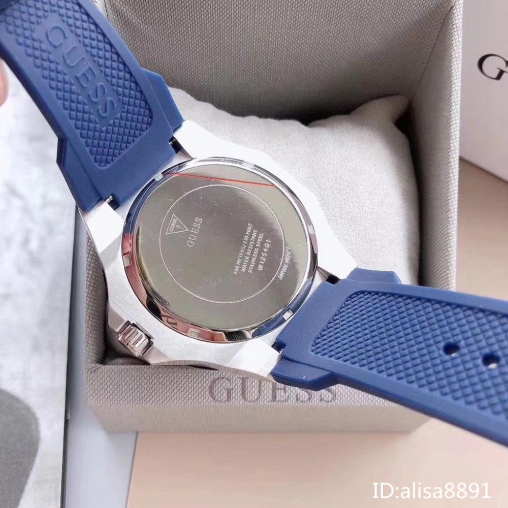 蓋爾斯GUESS手錶 美國時尚潮流男生石英錶 大直徑三眼計時手錶 多功能藍色橡膠錶帶腕錶 商務休閒運動男錶W1254G3-細節圖9
