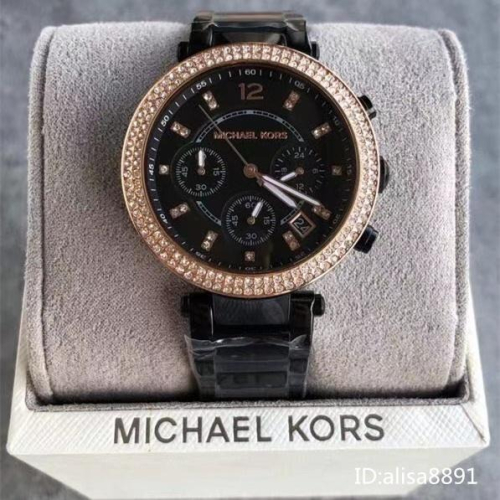 Michael Kors手錶女生石英錶 黑色鋼帶錶 大直徑鑲鑽手錶 MK5885 三眼計時日曆防水手錶 時尚潮流女生腕錶