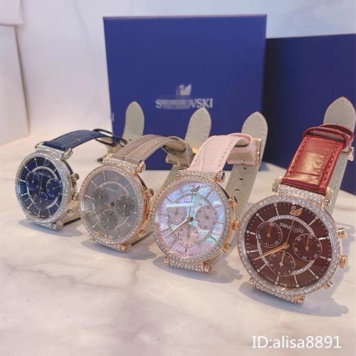 Swarovski施華洛世奇手錶 鑲鑽三眼計時手錶 石英錶 貝母鏡面女錶 粉色皮質手錶 防水百搭通勤腕錶5580342