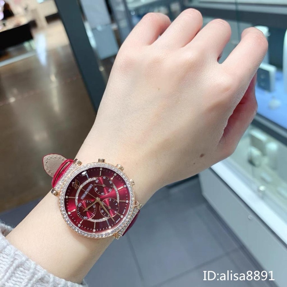 Swarovski施華洛世奇手錶 鑲鑽三眼計時手錶 石英錶 貝母鏡面女錶 粉色皮質手錶 防水百搭通勤腕錶5580342-細節圖3