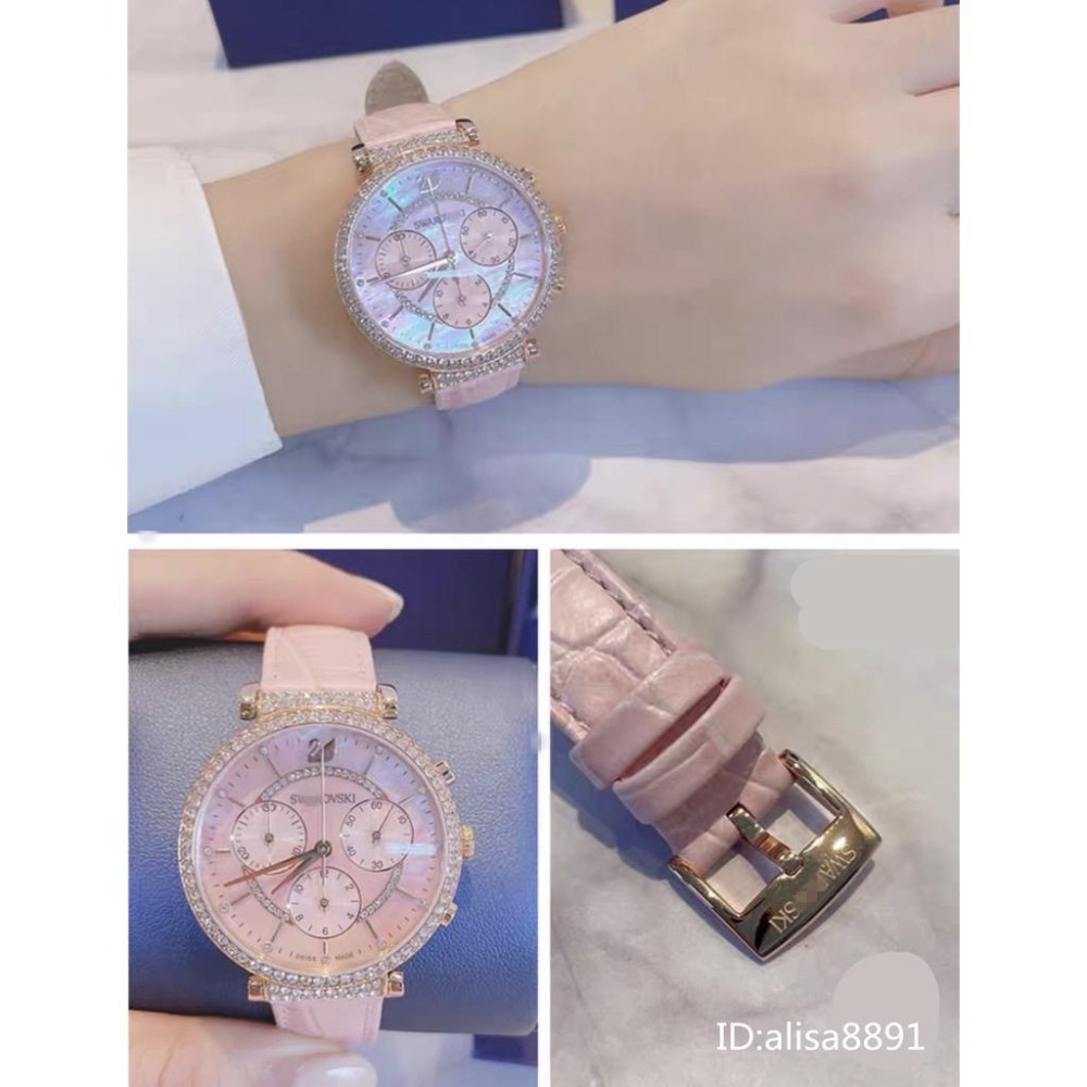 Swarovski施華洛世奇手錶 鑲鑽三眼計時手錶 石英錶 貝母鏡面女錶 粉色皮質手錶 防水百搭通勤腕錶5580342-細節圖4