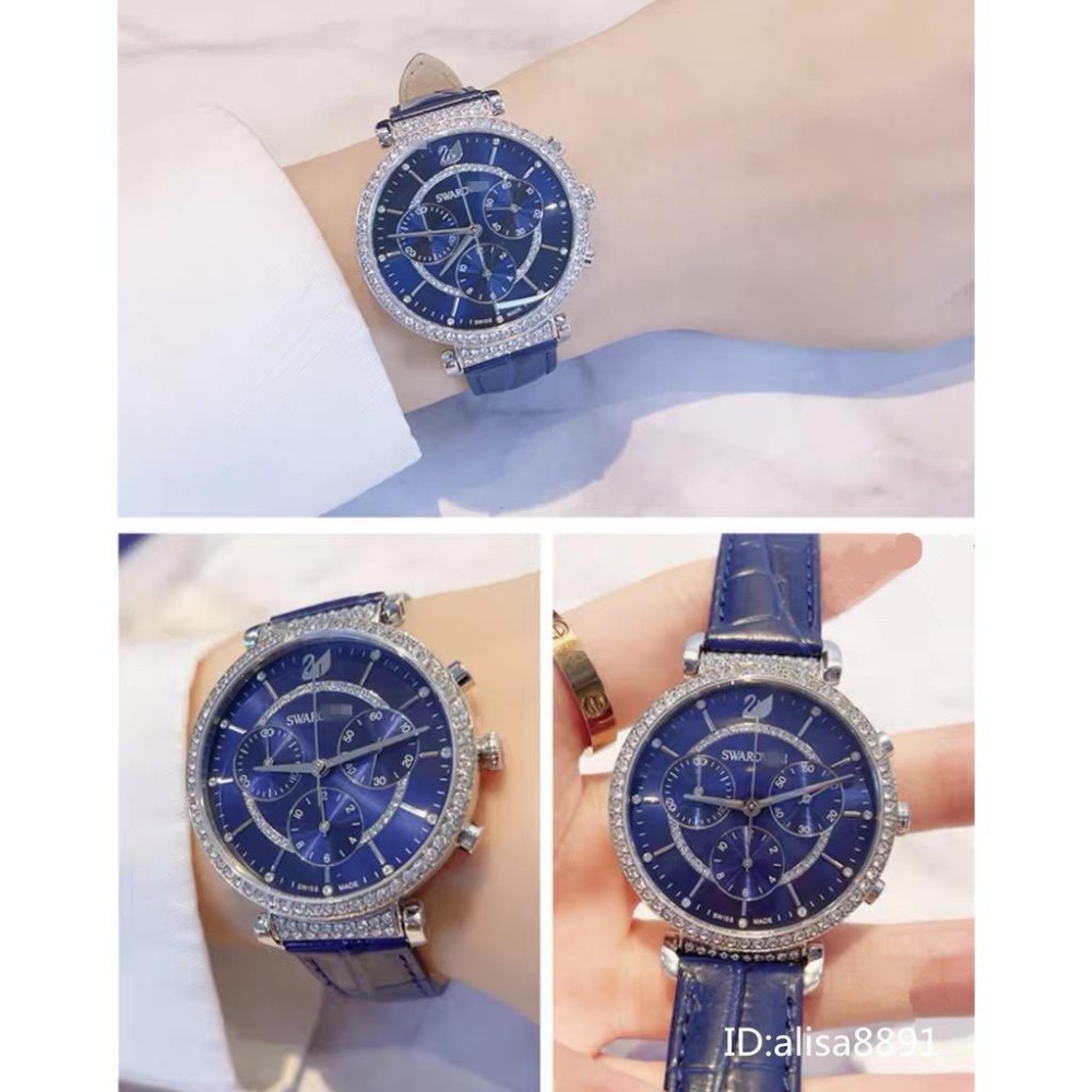 Swarovski施華洛世奇手錶 鑲鑽三眼計時手錶 石英錶 貝母鏡面女錶 粉色皮質手錶 防水百搭通勤腕錶5580342-細節圖6