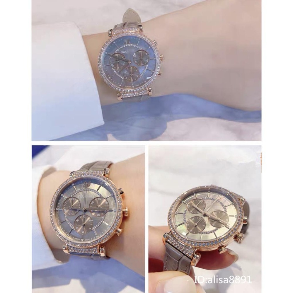 Swarovski施華洛世奇手錶 鑲鑽三眼計時手錶 石英錶 貝母鏡面女錶 粉色皮質手錶 防水百搭通勤腕錶5580342-細節圖7