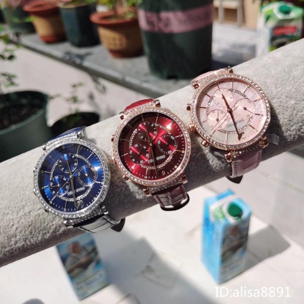 Swarovski施華洛世奇手錶 鑲鑽三眼計時手錶 石英錶 貝母鏡面女錶 粉色皮質手錶 防水百搭通勤腕錶5580342-細節圖9