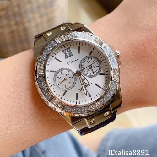 蓋爾斯GUESS手錶 酒紅色皮帶錶 鑲鑽時尚女錶 時尚潮流女生腕錶 W0775L11 38mm大直徑手錶女 休閒防水