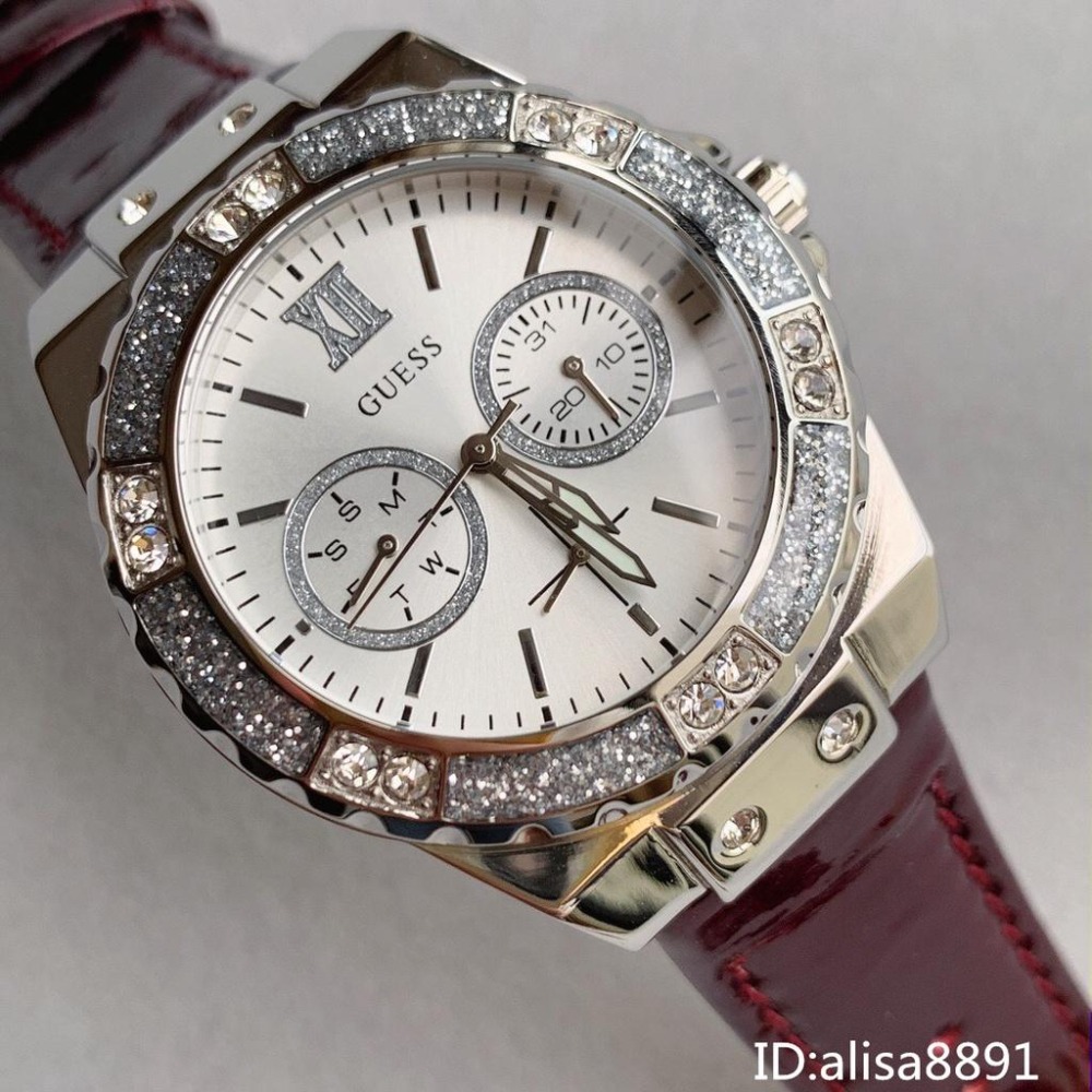 蓋爾斯GUESS手錶 酒紅色皮帶錶 鑲鑽時尚女錶 時尚潮流女生腕錶  W0775L11 38mm大直徑手錶女 休閒防水-細節圖3