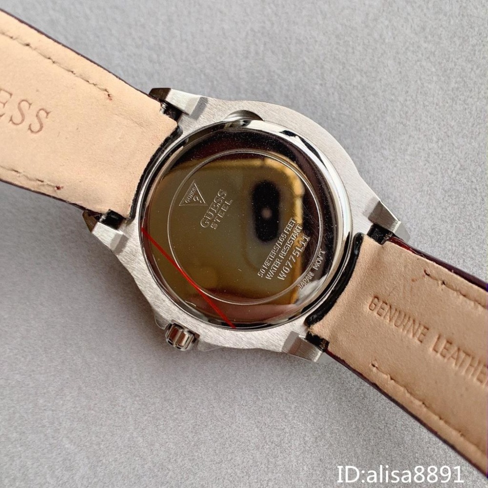 蓋爾斯GUESS手錶 酒紅色皮帶錶 鑲鑽時尚女錶 時尚潮流女生腕錶  W0775L11 38mm大直徑手錶女 休閒防水-細節圖9