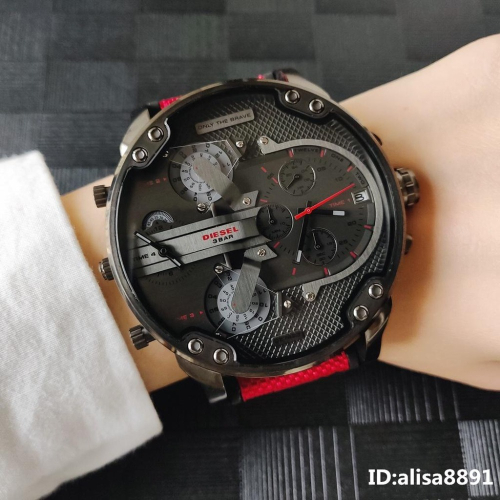 迪賽DIESEL手錶 紅色皮帶錶 男士石英錶 黑色鋼帶錶 時尚潮流男生腕錶 休閒運動男錶 計時日曆防水手錶DZ7423
