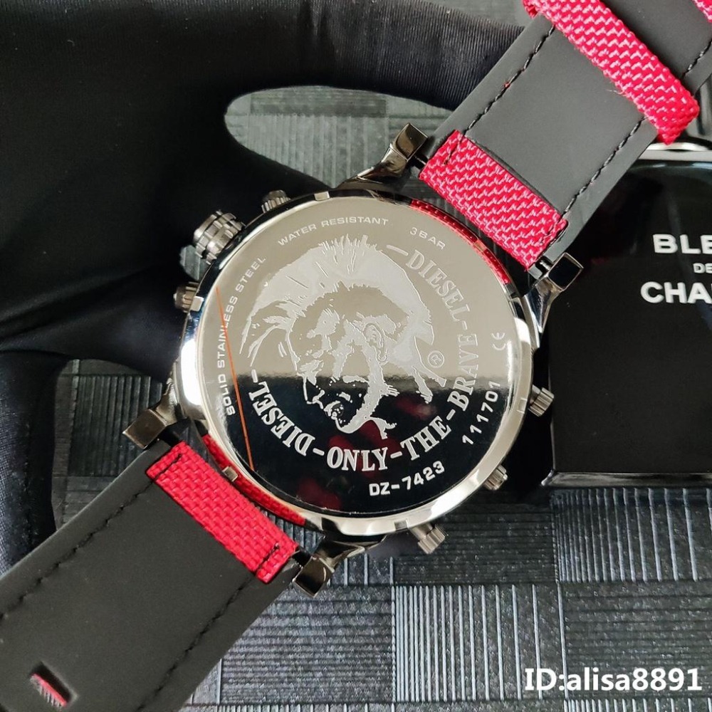 迪賽DIESEL手錶 紅色皮帶錶 男士石英錶 黑色鋼帶錶 時尚潮流男生腕錶 休閒運動男錶 計時日曆防水手錶DZ7423-細節圖6