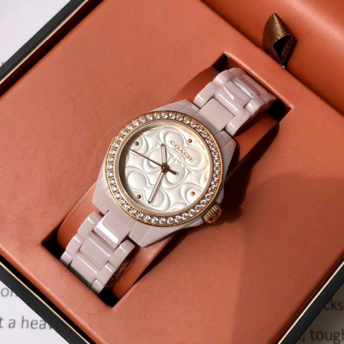 COACH蔻馳手錶 白色陶瓷手錶 新品女生石英錶 簡約時尚陶瓷錶 鑲鑽時尚女錶 精美百搭女生腕錶 28mm小直徑手錶