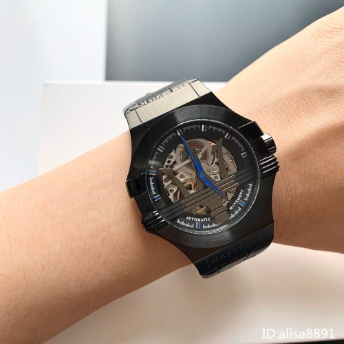 MASERAT手錶 瑪莎拉蒂手錶 機械錶 男生腕錶 商務休閒黑色皮帶錶 時尚男錶 鏤空透底全機械錶R8821108009