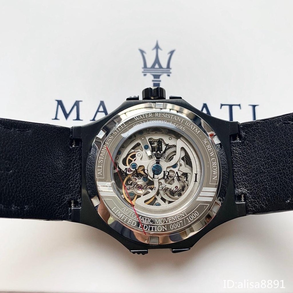 MASERAT手錶 瑪莎拉蒂手錶 機械錶 男生腕錶 商務休閒黑色皮帶錶 時尚男錶 鏤空透底全機械錶R8821108009-細節圖9