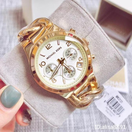 Michael Kors手錶女生 金色鋼帶錶 大直徑日曆三眼計時手鐲手錶 MK3131 百搭通勤石英手錶 時尚潮流石英錶