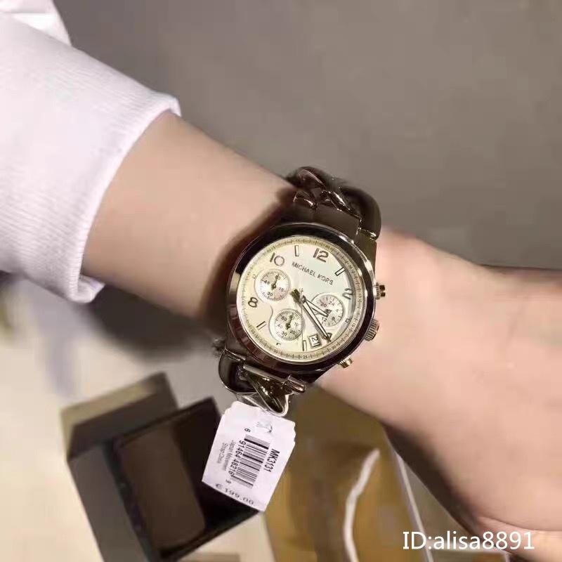Michael Kors手錶女生 金色鋼帶錶 大直徑日曆三眼計時手鐲手錶 MK3131 百搭通勤石英手錶 時尚潮流石英錶-細節圖5