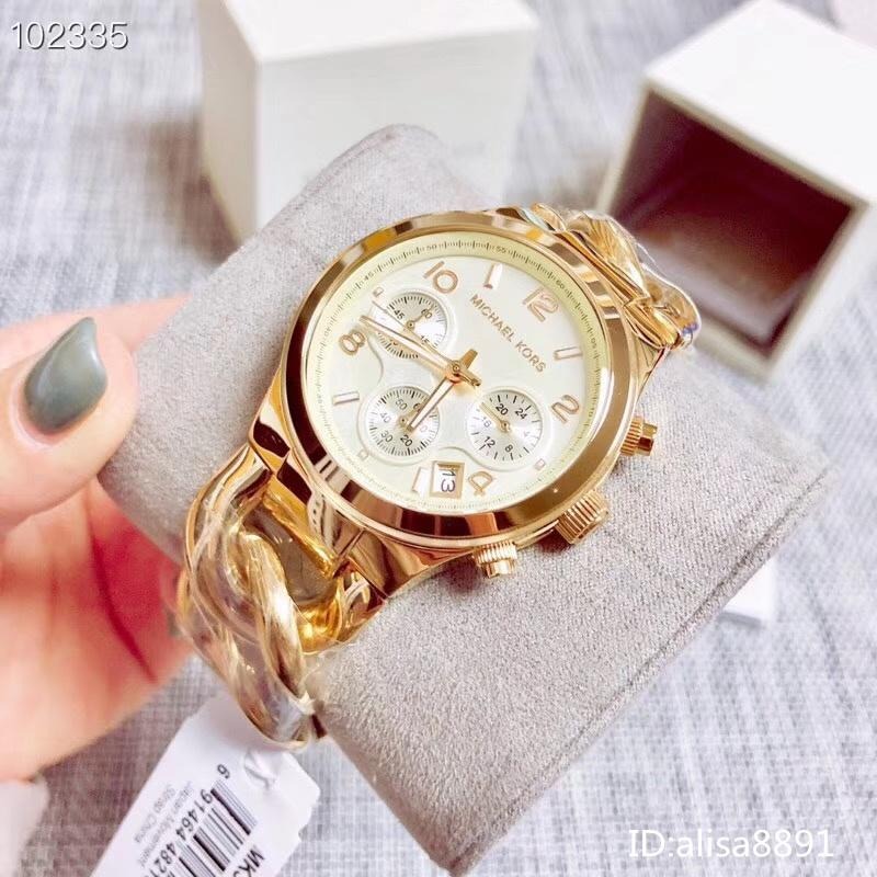 Michael Kors手錶女生 金色鋼帶錶 大直徑日曆三眼計時手鐲手錶 MK3131 百搭通勤石英手錶 時尚潮流石英錶-細節圖6
