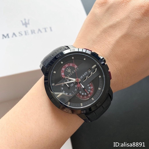 瑪莎拉蒂MASERATI手錶 大直徑石英錶 運動休閒皮帶錶 三眼計時日曆防水手錶 商務時尚男錶R8871619003