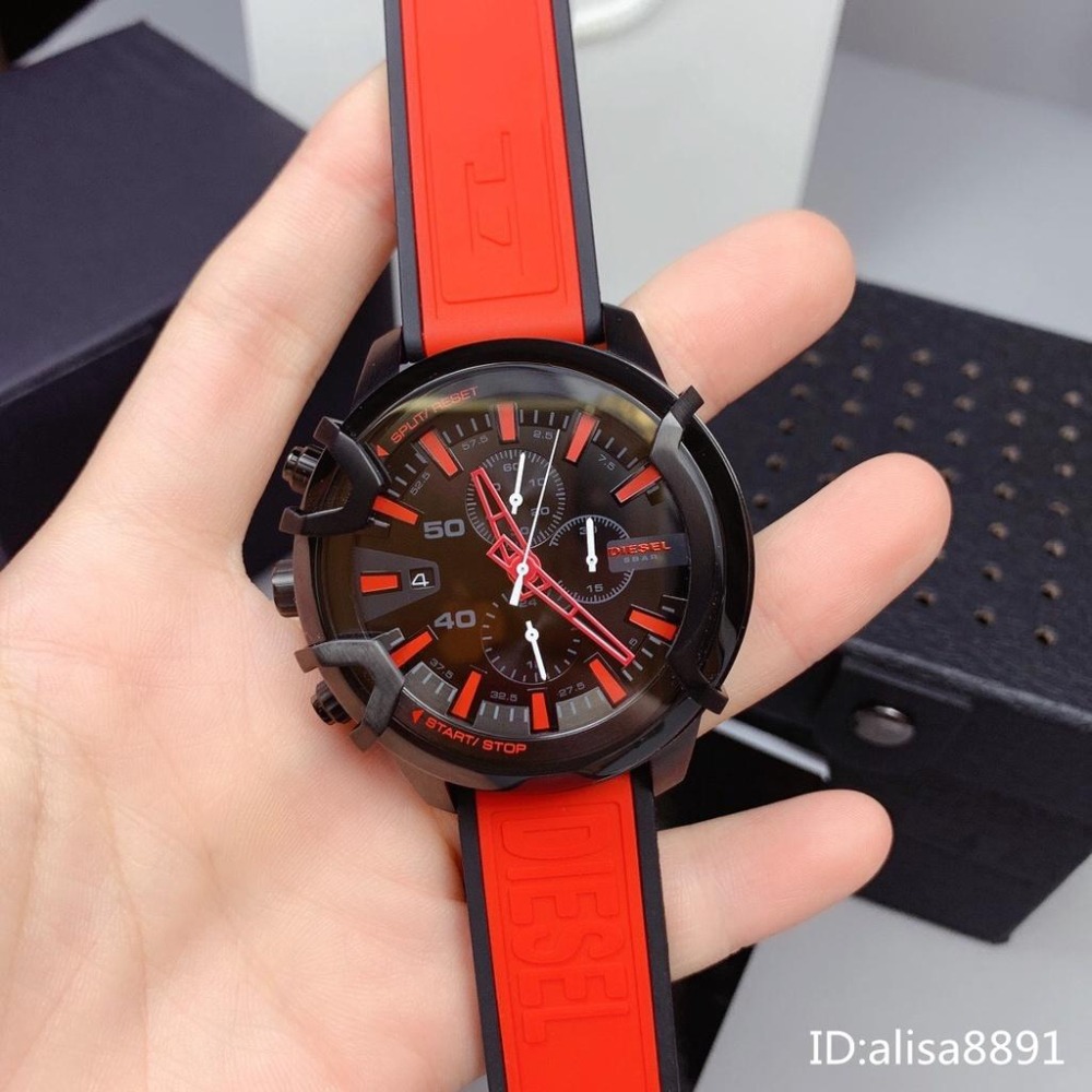 DIESEL迪賽手錶男 休閒運動手錶男 休閒運動男生腕錶 歐美時尚潮流 日曆計時男錶 DZ4530 紅色橡膠錶帶石英錶-細節圖5