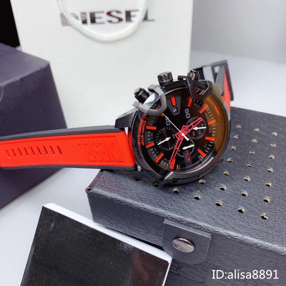 DIESEL迪賽手錶男 休閒運動手錶男 休閒運動男生腕錶 歐美時尚潮流 日曆計時男錶 DZ4530 紅色橡膠錶帶石英錶-細節圖6