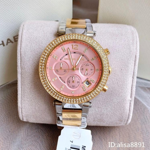 Michael Kors手錶 MK石英錶 日曆三眼計時手錶 大直徑石英手錶 MK6140 間金橘粉色鋼帶錶 鑲鑽時尚女錶