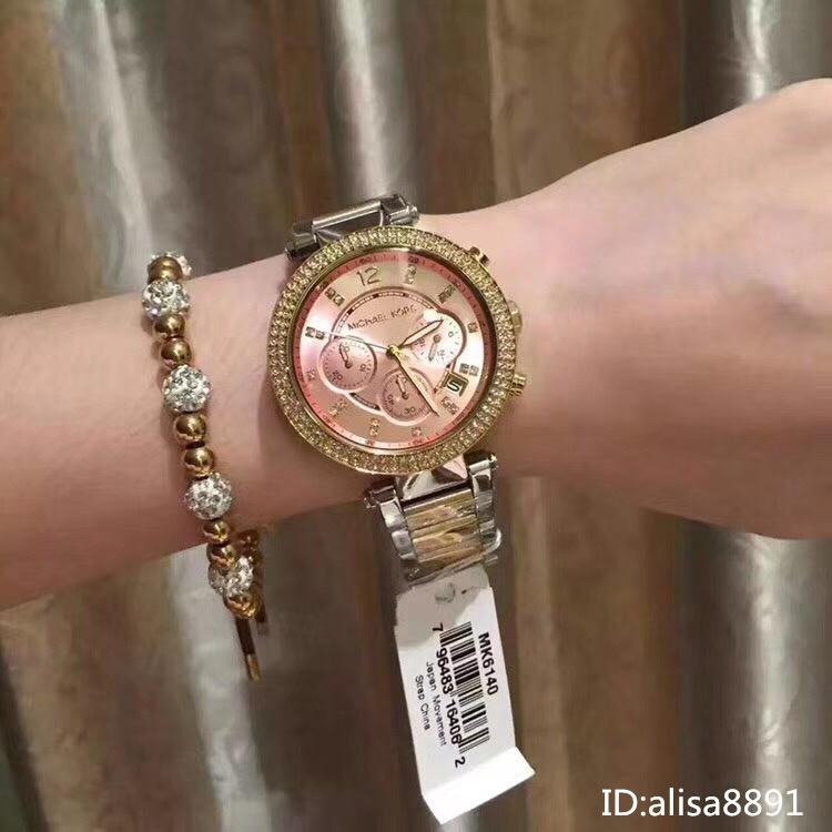 Michael Kors手錶 MK石英錶 日曆三眼計時手錶 大直徑石英手錶 MK6140 間金橘粉色鋼帶錶 鑲鑽時尚女錶-細節圖2