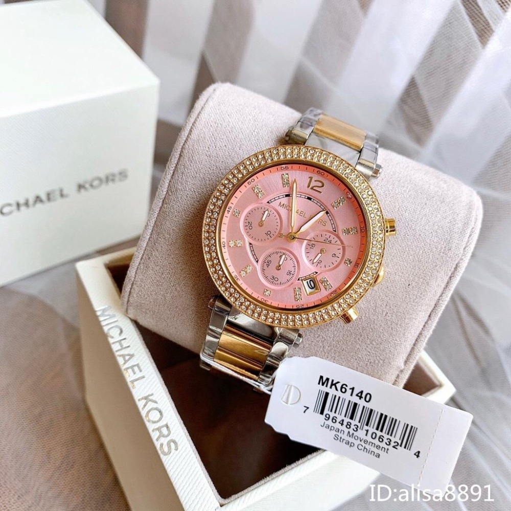 Michael Kors手錶 MK石英錶 日曆三眼計時手錶 大直徑石英手錶 MK6140 間金橘粉色鋼帶錶 鑲鑽時尚女錶-細節圖3