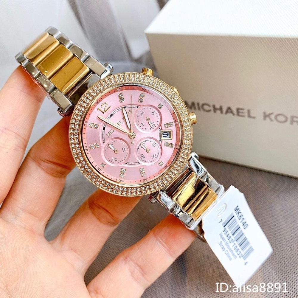 Michael Kors手錶 MK石英錶 日曆三眼計時手錶 大直徑石英手錶 MK6140 間金橘粉色鋼帶錶 鑲鑽時尚女錶-細節圖4