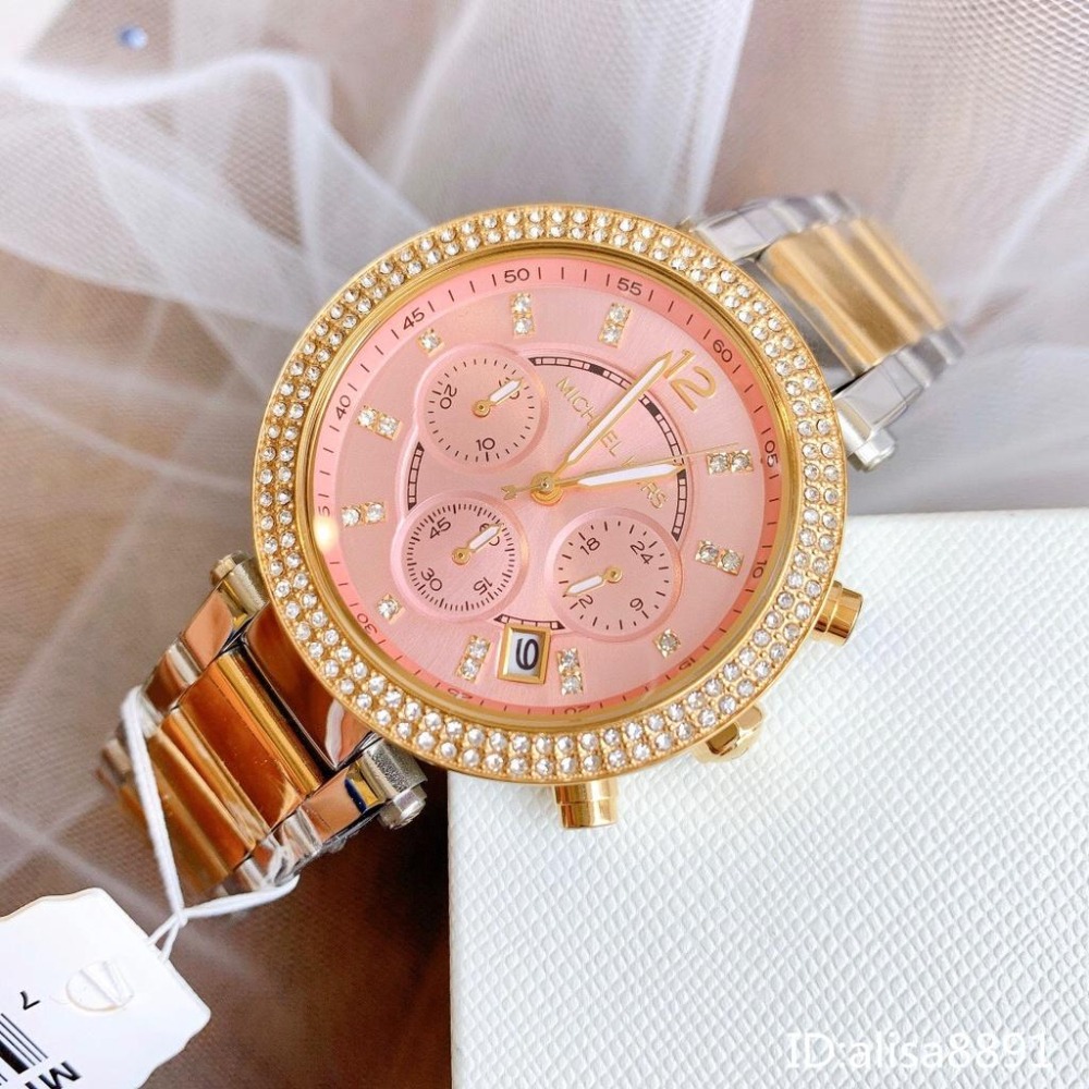 Michael Kors手錶 MK石英錶 日曆三眼計時手錶 大直徑石英手錶 MK6140 間金橘粉色鋼帶錶 鑲鑽時尚女錶-細節圖6