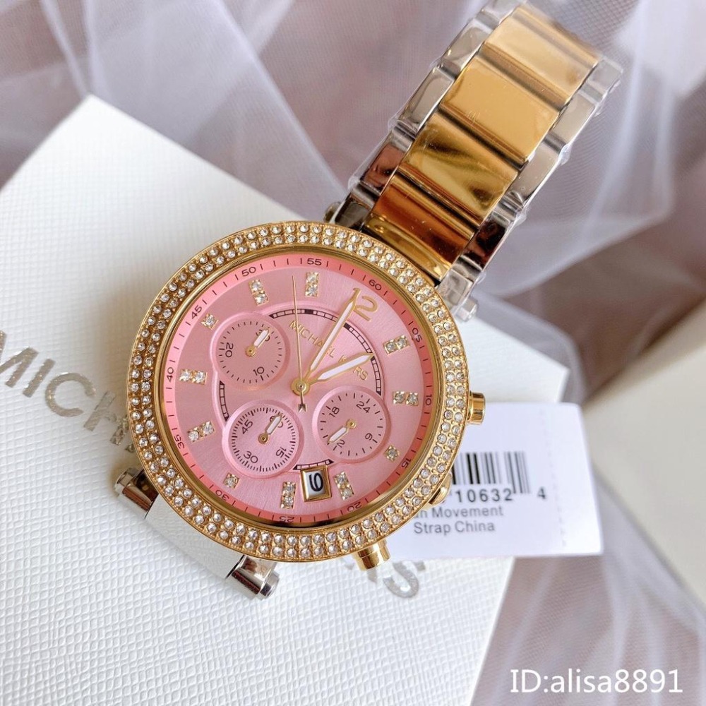 Michael Kors手錶 MK石英錶 日曆三眼計時手錶 大直徑石英手錶 MK6140 間金橘粉色鋼帶錶 鑲鑽時尚女錶-細節圖8