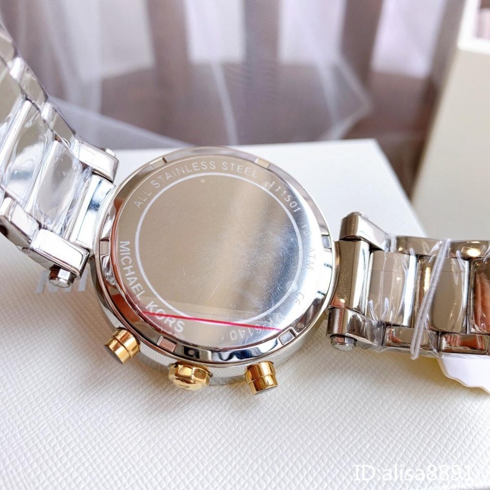 Michael Kors手錶 MK石英錶 日曆三眼計時手錶 大直徑石英手錶 MK6140 間金橘粉色鋼帶錶 鑲鑽時尚女錶-細節圖9