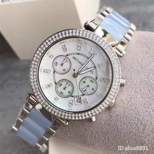 Michael Kors手錶 三眼計時日曆石英錶 冰藍色貝母面鑲鑽女錶 大直徑石英手錶 MK6138 時尚百搭女生腕錶