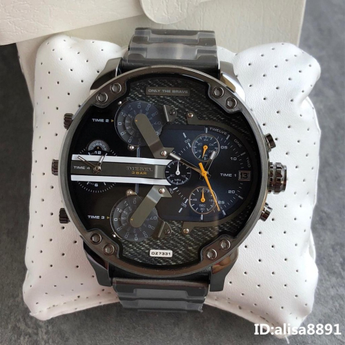 DIESEL迪賽手錶 超大直徑手錶 男生手錶 四時區石英錶 計時日曆防水手錶男 時尚潮流男生腕錶 黑色鋼帶錶DZ7331