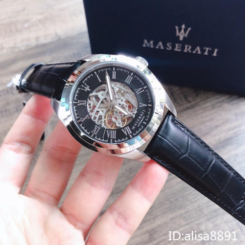 MASERAT瑪莎拉蒂手錶大直徑黑色皮帶錶 鏤空全自動機械錶 時尚潮流男錶 商務男生腕錶 機械錶R8871612001-細節圖4