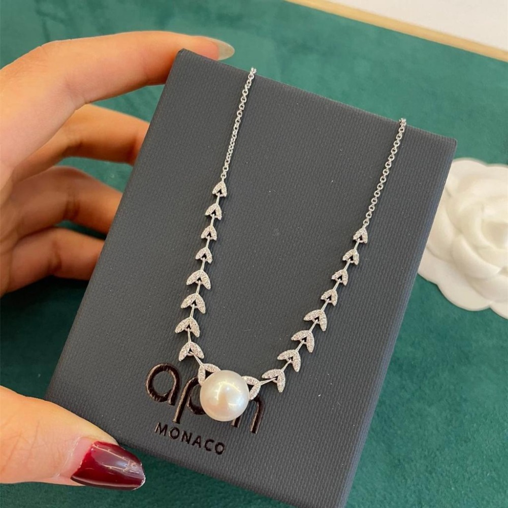 APM MONACO項鏈 天然淡水珍珠項鏈 鑲晶鑽花瓣項鏈 925純銀項鏈 APM毛衣鏈 可調節頸鏈 氣質時尚項墜-細節圖4