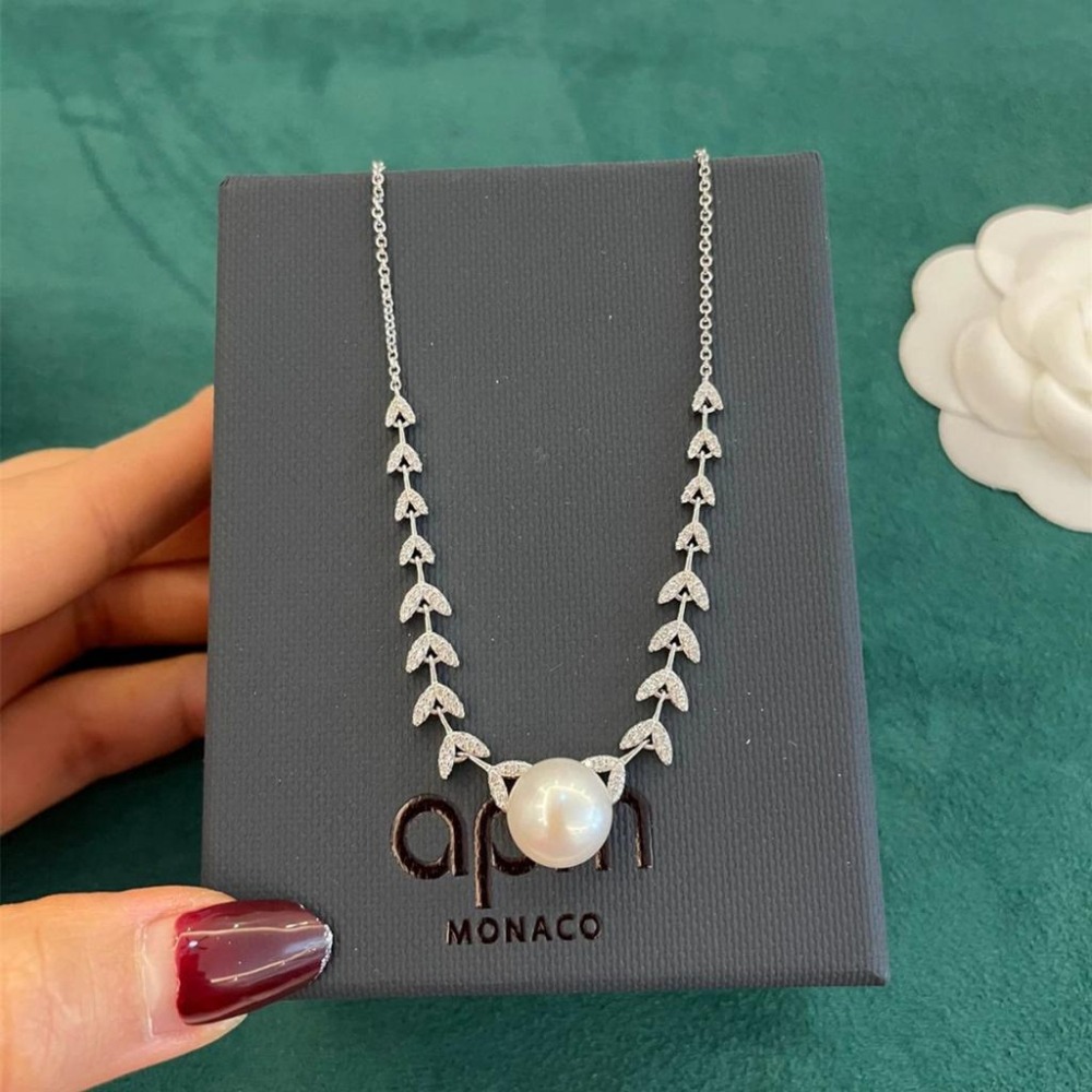 APM MONACO項鏈 天然淡水珍珠項鏈 鑲晶鑽花瓣項鏈 925純銀項鏈 APM毛衣鏈 可調節頸鏈 氣質時尚項墜-細節圖8