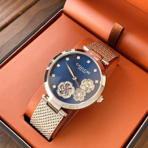 COACH蔻馳手錶 PARK系列 經典茶玫瑰鏤空雕刻石英錶 女生鋼鏈腕錶 時尚百搭通勤女錶 銀色玫瑰金色鋼帶手錶女