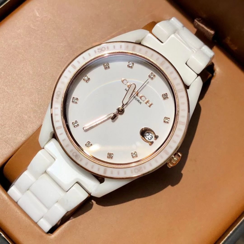 COACH手錶 蔻馳手錶 PRESTON系列經典大C黑色白色陶瓷石英錶 女生防水腕錶 休閒時尚女錶 大直徑女生手錶