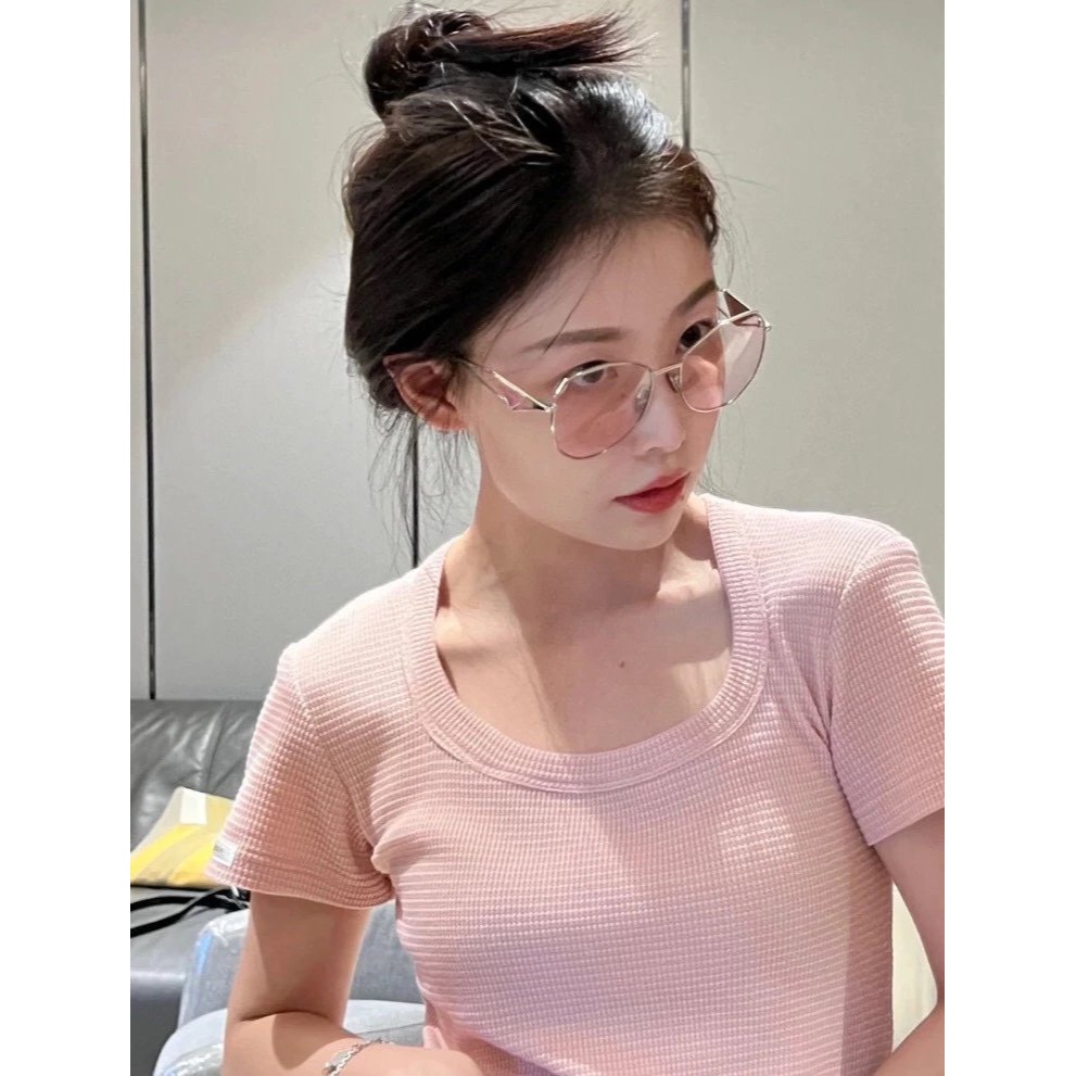 prada眼鏡 SPR57Y墨鏡 防藍光平光眼鏡 時尚百搭太陽眼鏡 粉色墨鏡 明星同款墨鏡 女生眼鏡 金屬鏡框 經典三角-細節圖3