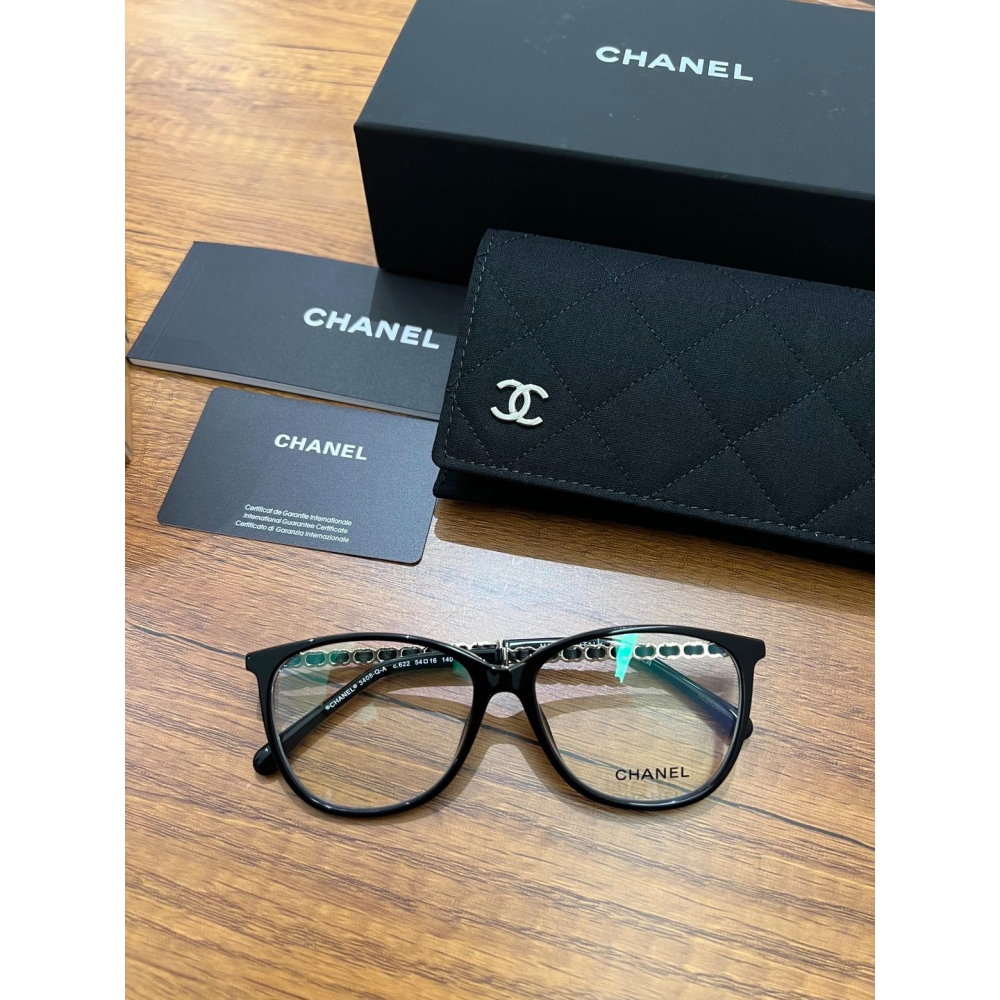 CHANEL眼鏡新款黑框素顏鏡平光鏡框女生小羊皮編織鏈鏡腳近視眼鏡架CH3408眼鏡框54-16-140-細節圖4