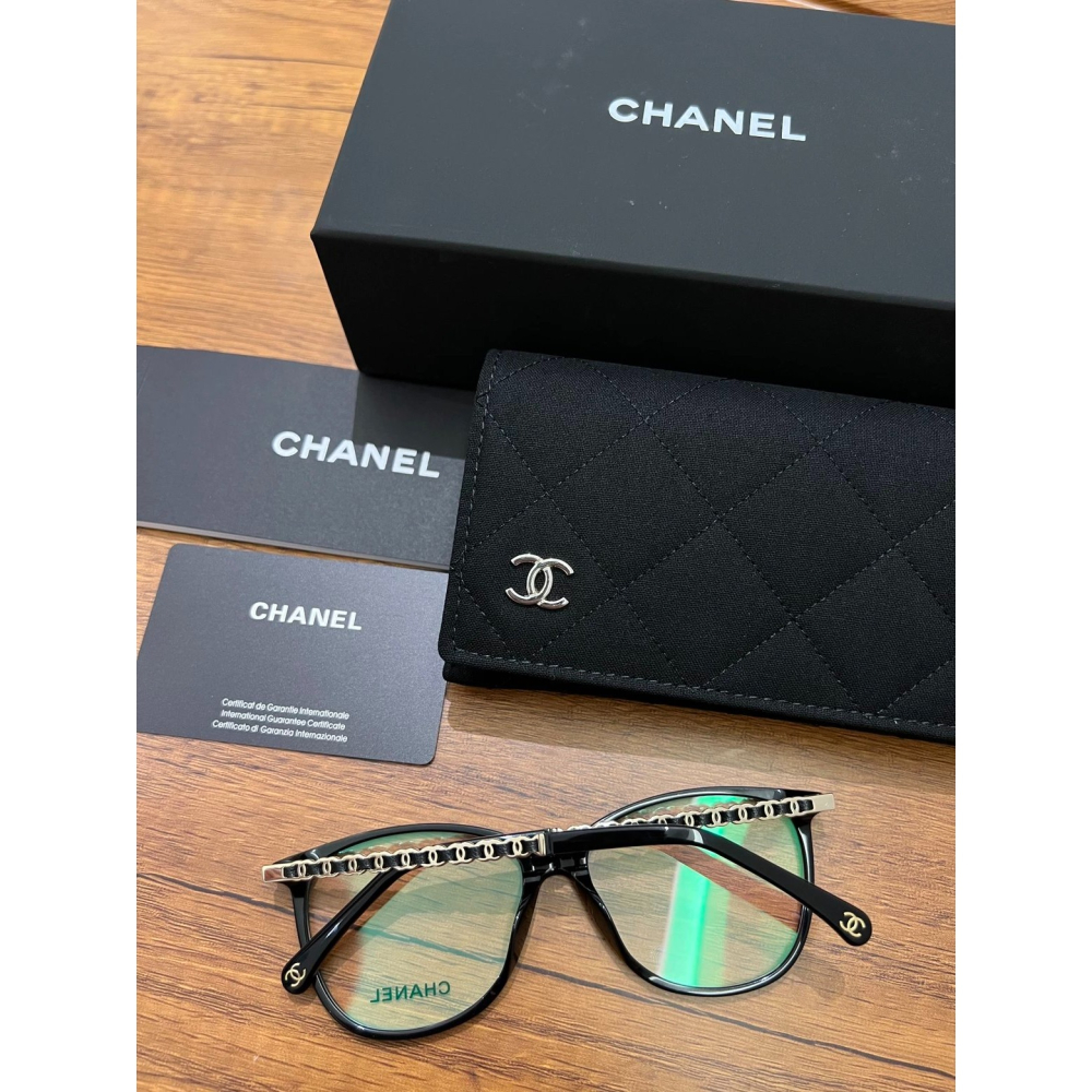 CHANEL眼鏡新款黑框素顏鏡平光鏡框女生小羊皮編織鏈鏡腳近視眼鏡架CH3408眼鏡框54-16-140-細節圖5