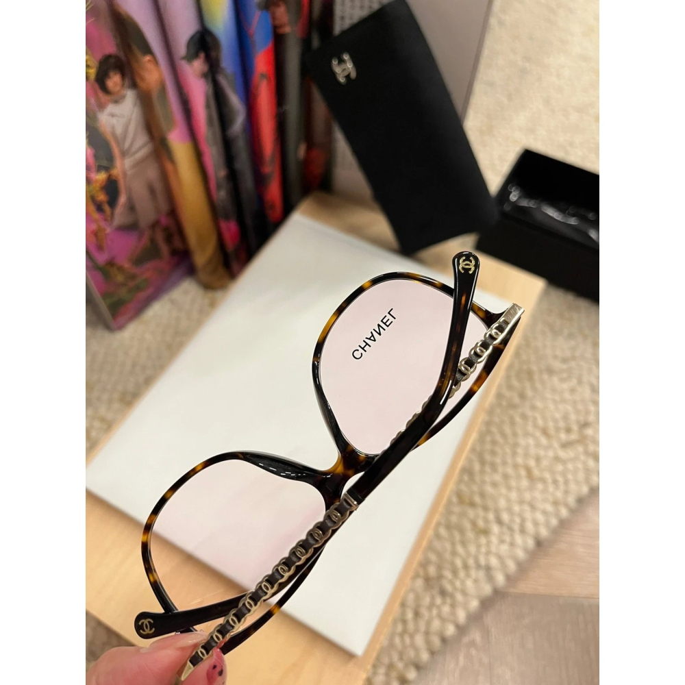 CHANEL眼鏡新款黑框素顏鏡平光鏡框女生小羊皮編織鏈鏡腳近視眼鏡架CH3408眼鏡框54-16-140-細節圖6